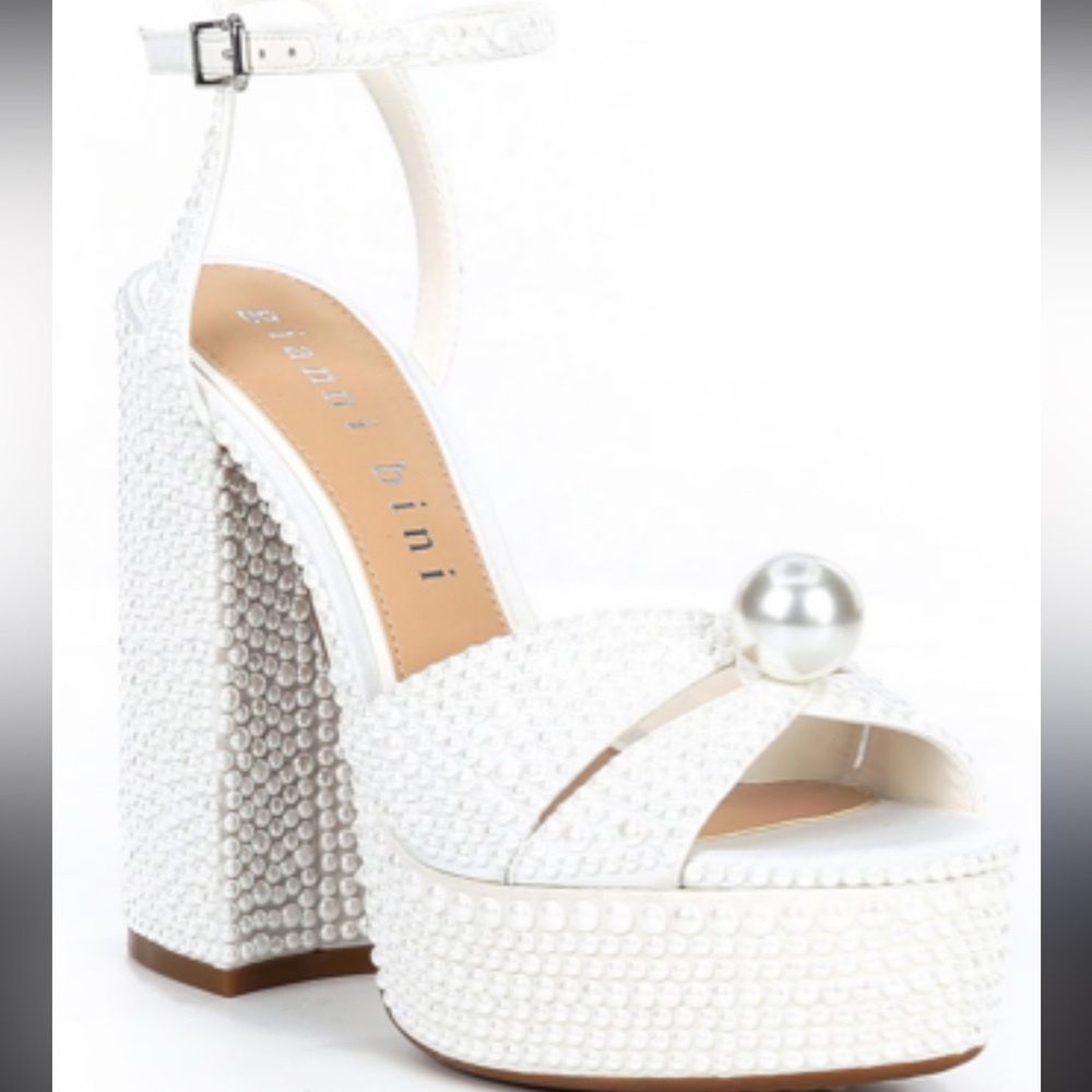 Gianni Bini Kemara Open Toe Embellishment Pearl Studded Platform Heels